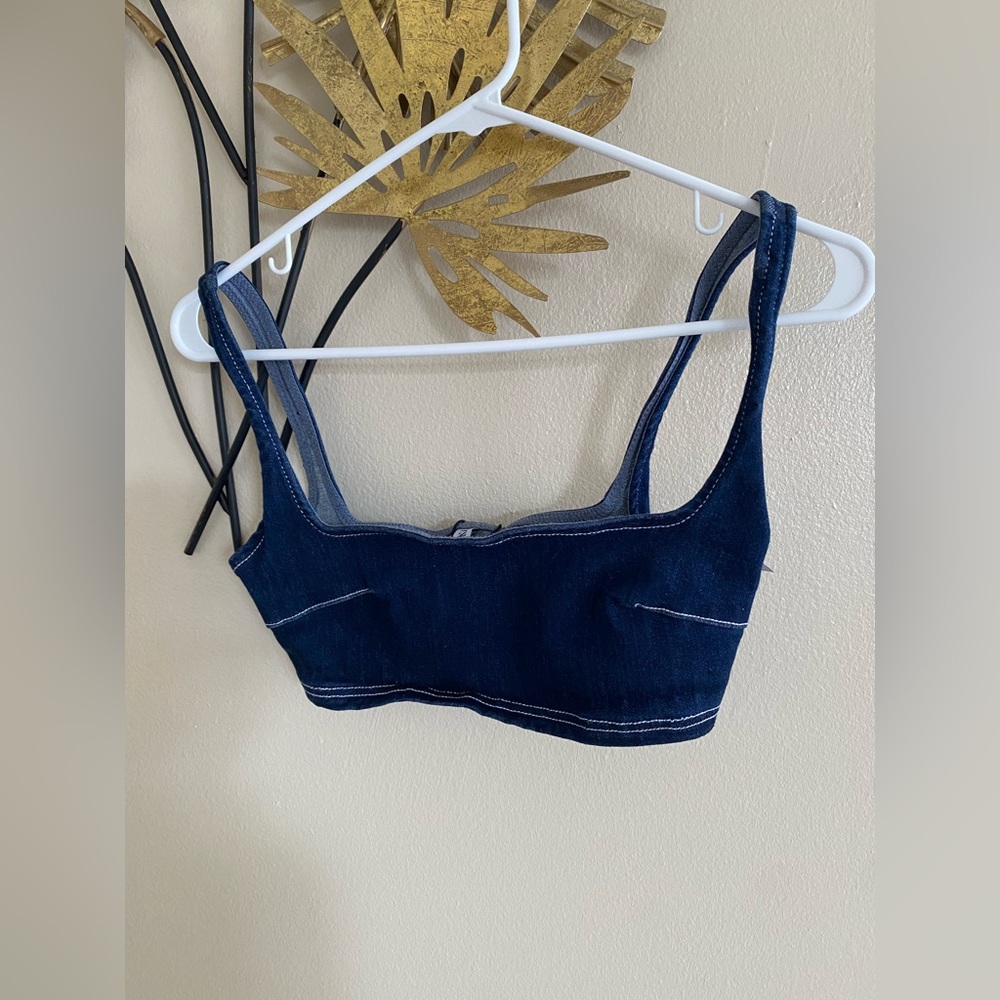 Zara Blue Denim Top with White Stitching